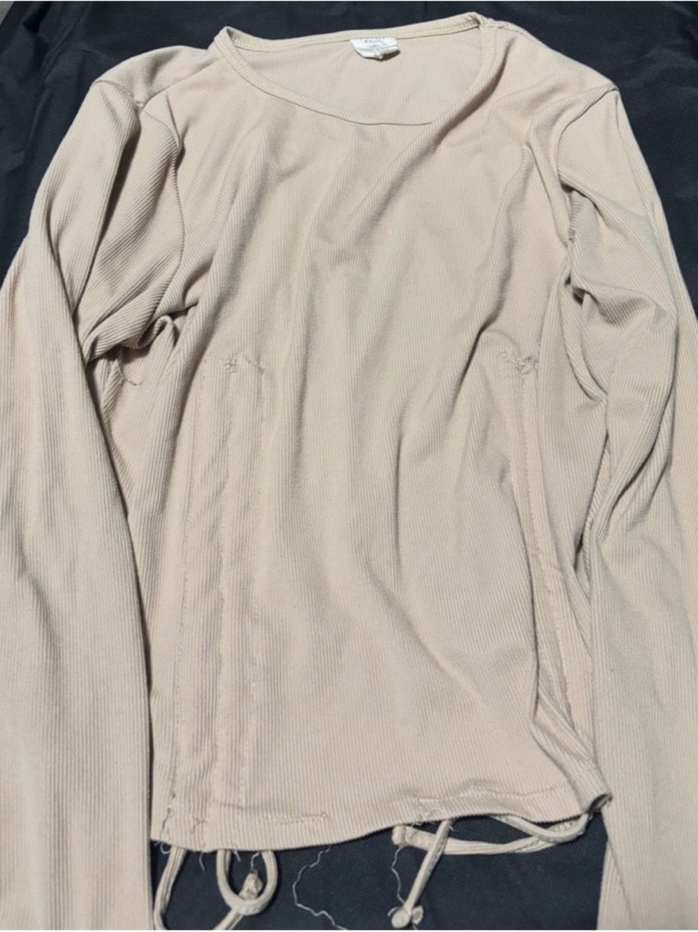 Beige Ribbed Long Sleeve Drawstring Top